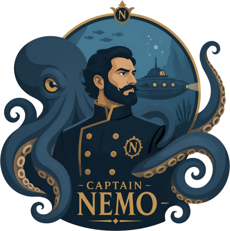Captain Nemo badge: the captain with his octopus and the Nautilus