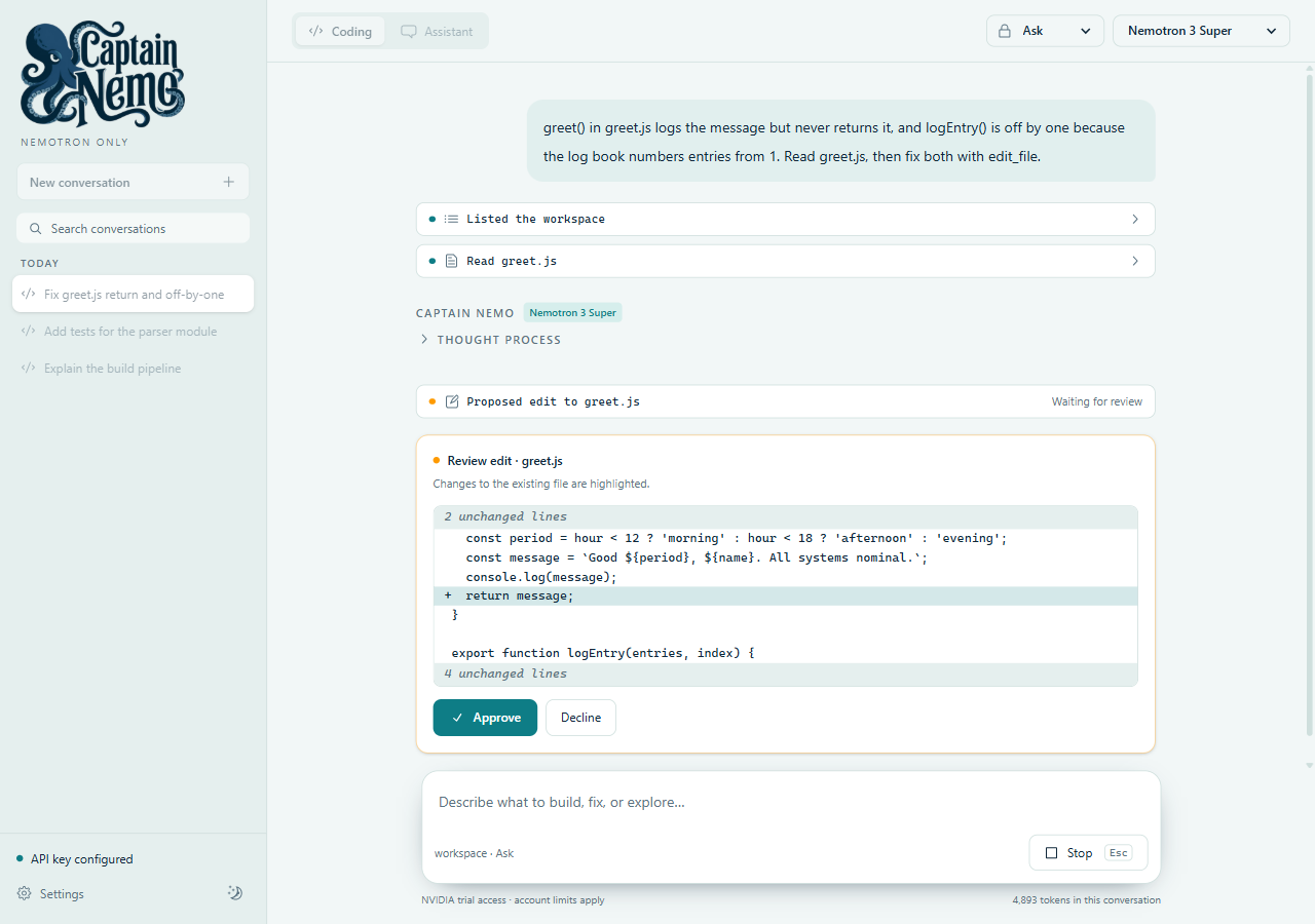 Captain Nemo in coding mode: the model read greet.js and proposed an edit, shown as a diff adding a return statement, with Approve and Decline buttons